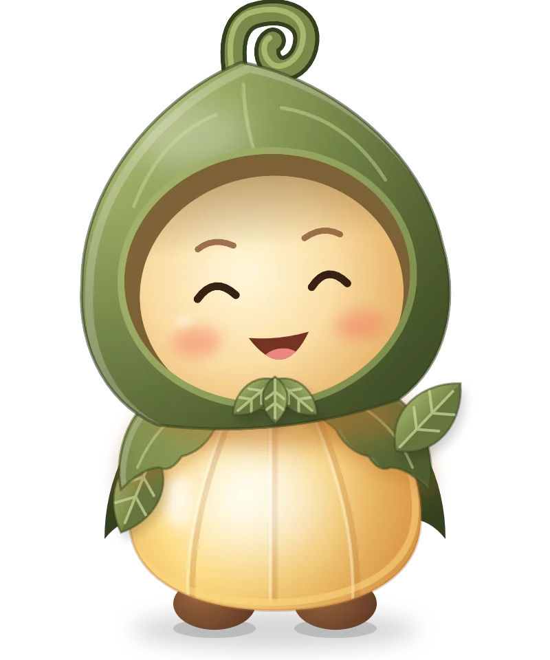 Fer, a small glowing companion in a leaf hood, waving