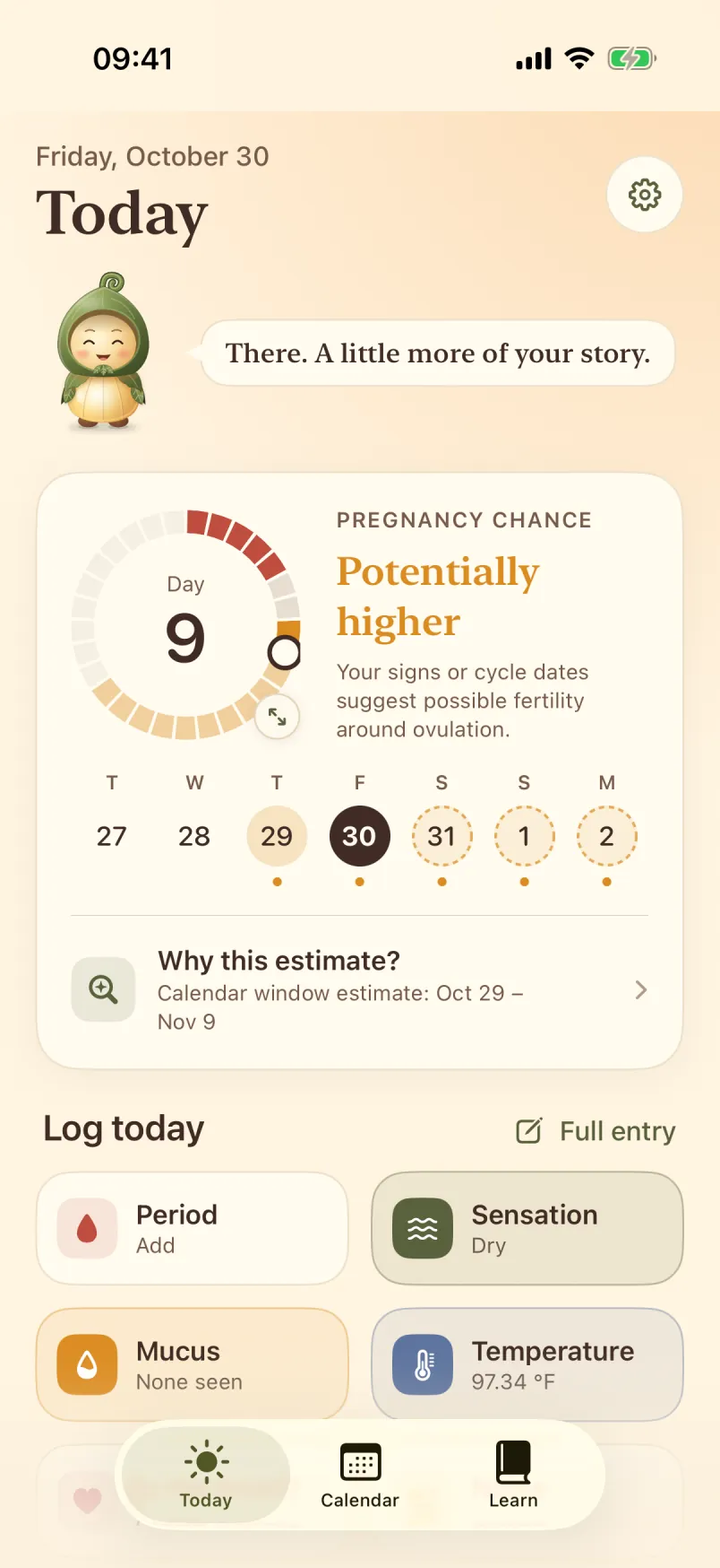 Today: cycle day, today's pregnancy chance, and one-tap logging