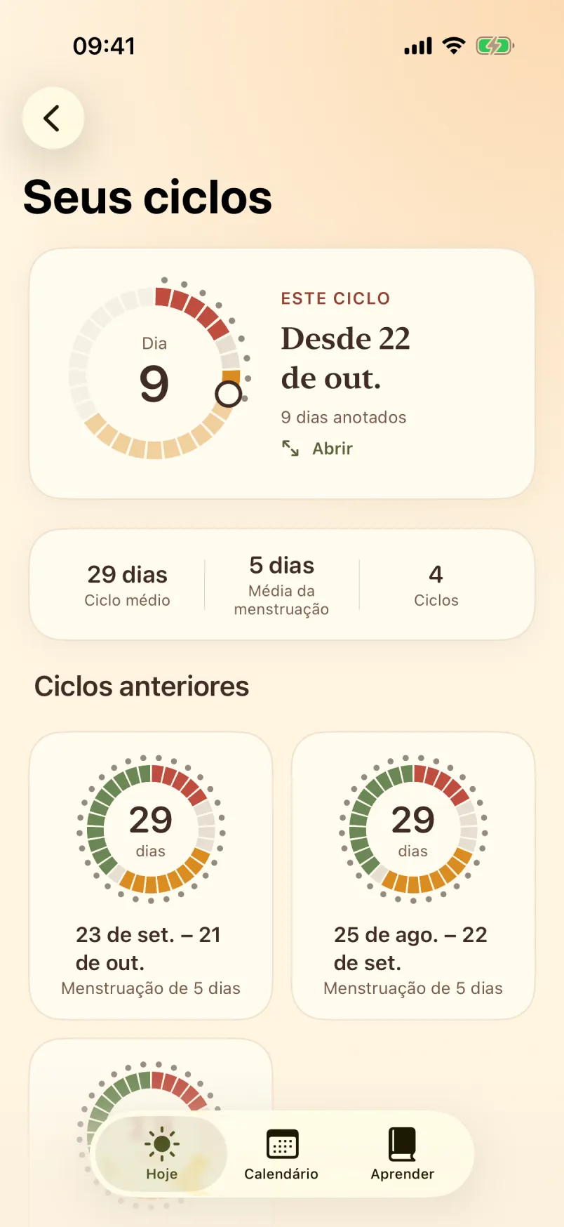 Seus ciclos: o ciclo atual, as médias e cada ciclo anterior em forma de anel